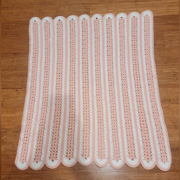 Handmade Other - Hand Crochet Vintage Baby Blanket Throw,Salmon & White Color Scalloped Edge